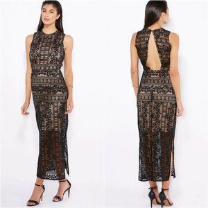 Miss Selfridge Dress Maxi Black Floral Lace Sleeveless Open Back Slits